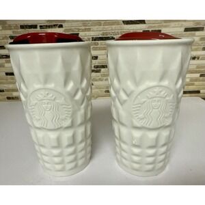 Starbucks 2014 Quilted Ceramic 10oz Travel Tumbler Mug Red Lid LE Holiday